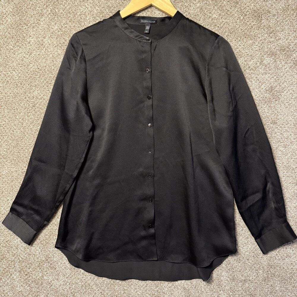 Eileen Fisher Black 100% Silk Georgette Crepe Mandarin Collar Shirt Small